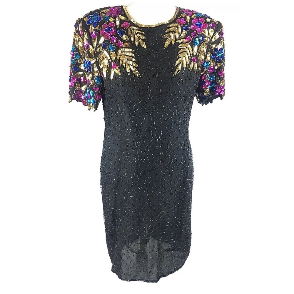 Vtg 80s Stenay Dress 8 Black Multicolor Silk Beaded Gala Formal Evening Glam